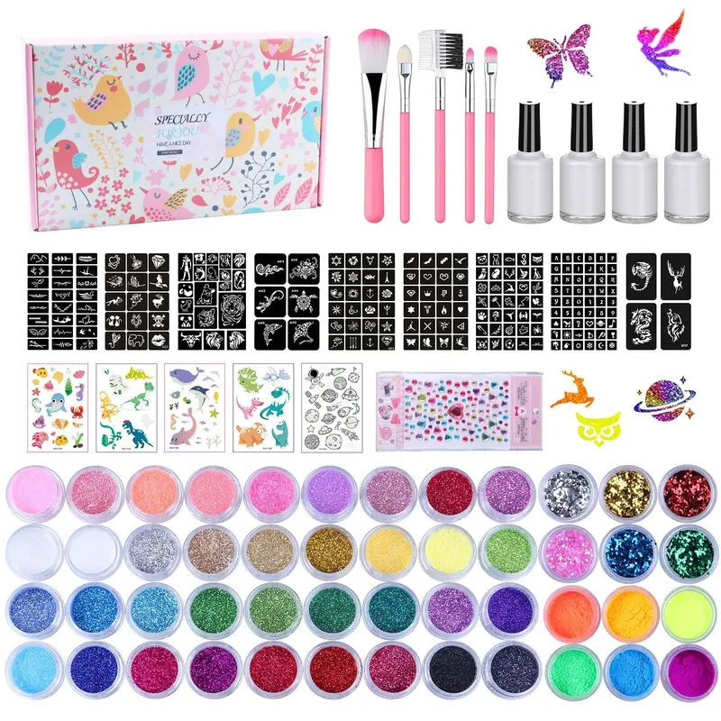 Temporary Glitter Tattoo Kit for Kids & Adults, 42 Glitter & 6 Fluorescent Color, 209 Stencils, 4 Glue, 5 Brushes, 1 Diamond Sticker, Safe & Easy Removal Face Body Art Birthday Party Supplies