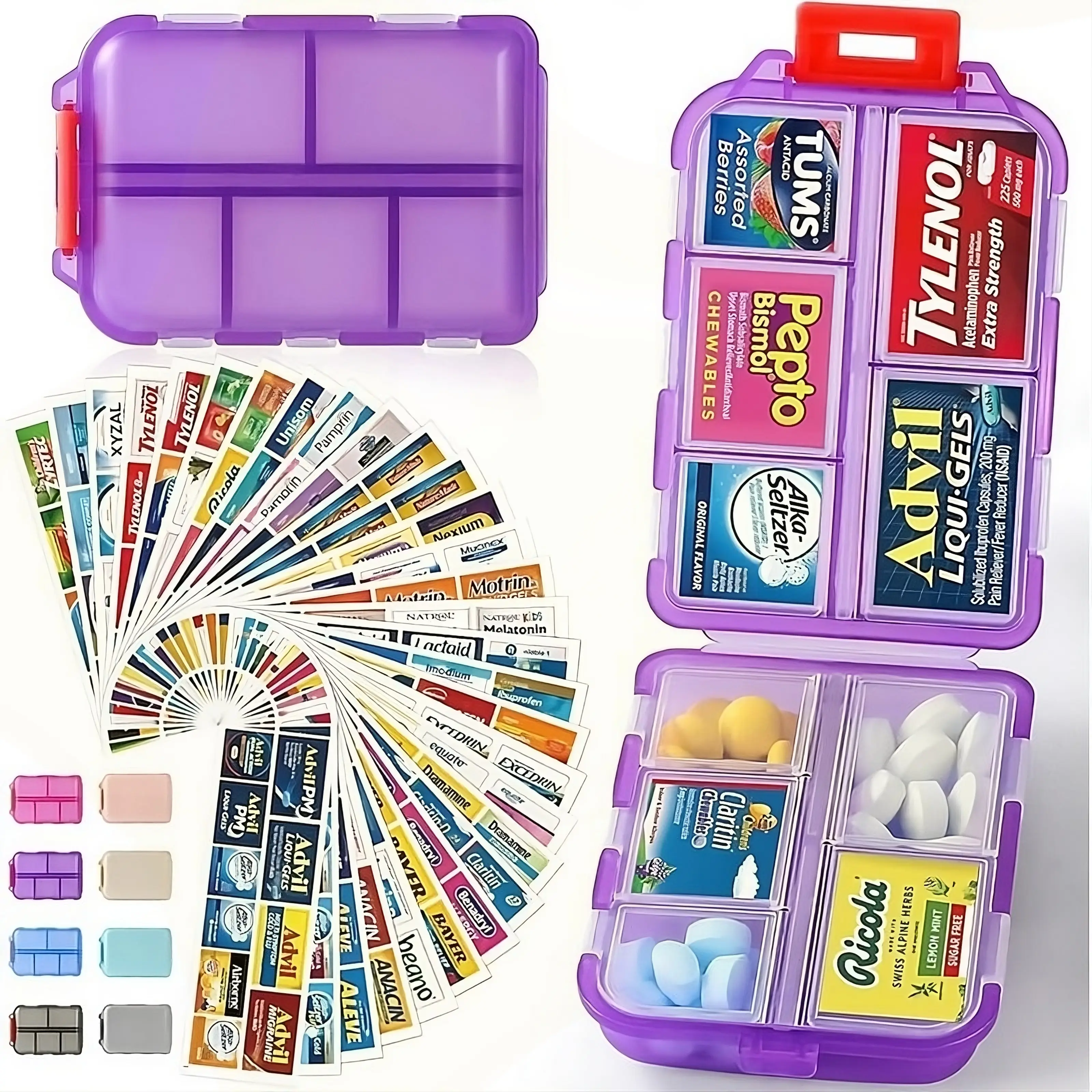 Travel Pill Organizer Box, Portable Pocket Purse Pharmacy, 147 Brand Labels , 10 Compartment Small Pill Case Medicine Kit, Daily Weekly Vitamin Supple