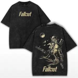 Fallout Game Style Washed Heavyweight Oversized Tee, Retro Atomic Wasteland Graphic Post-Apocalyptic Streetwear T-Shirt, Y2K Vintage Gothic Halloween Concert Graphic Tee