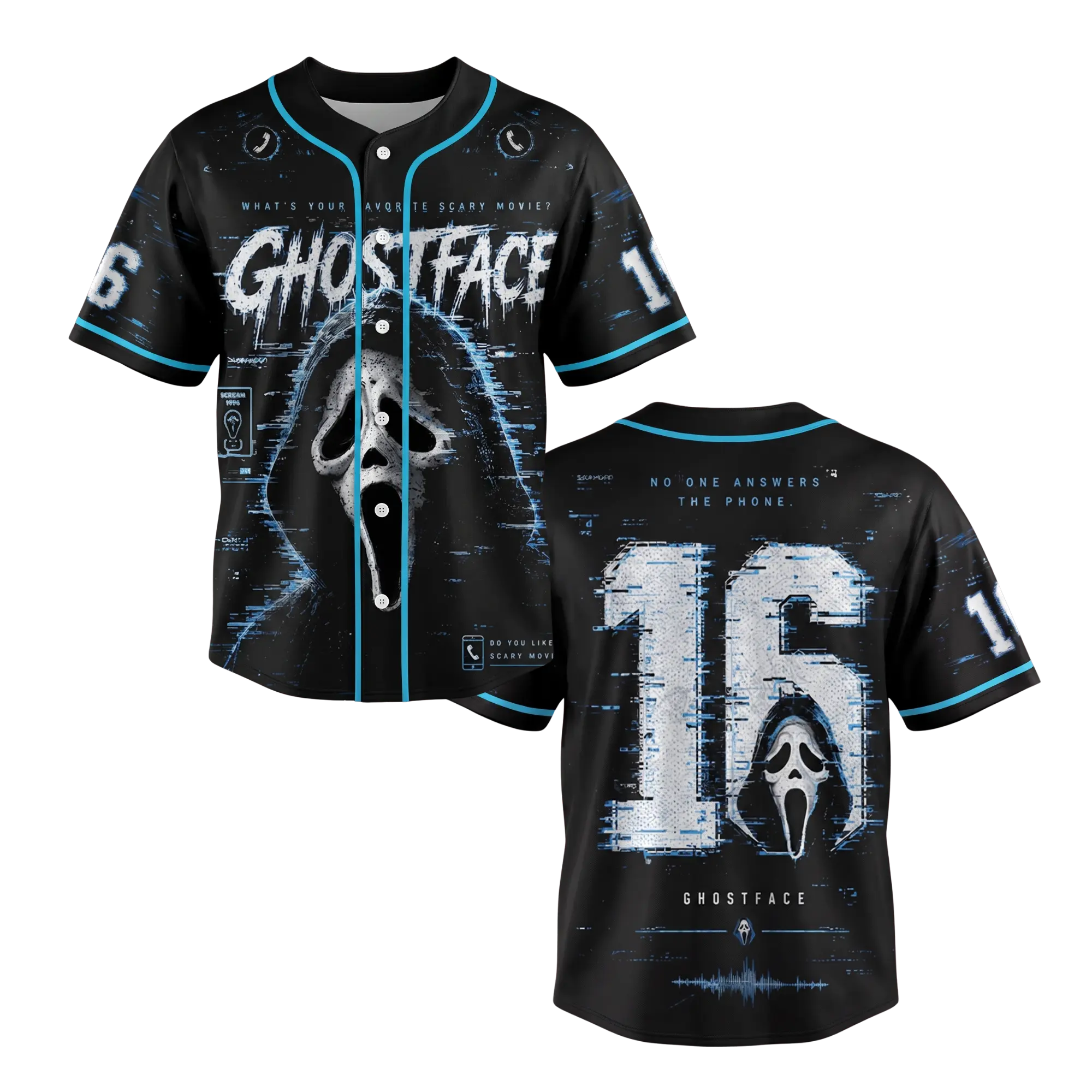 Men's Ghost Mask Print 'Scary Movie' Short Sleeve Baseball Jersey, Gothic Slasher Polyester Piqué Fabric Regular Fit Breathable Button-Up Top, Halloween Sporty Chic Streetwear