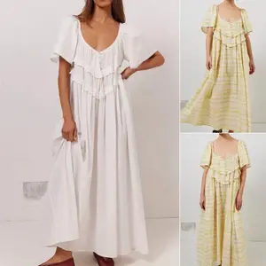 Women’s long dress, elegant short-sleeve loose swing dress with a low-cut backless design, available in solid or plaid, suitable for indoor and outdoor wear; ladies’ clothing for daily wear; casual dress