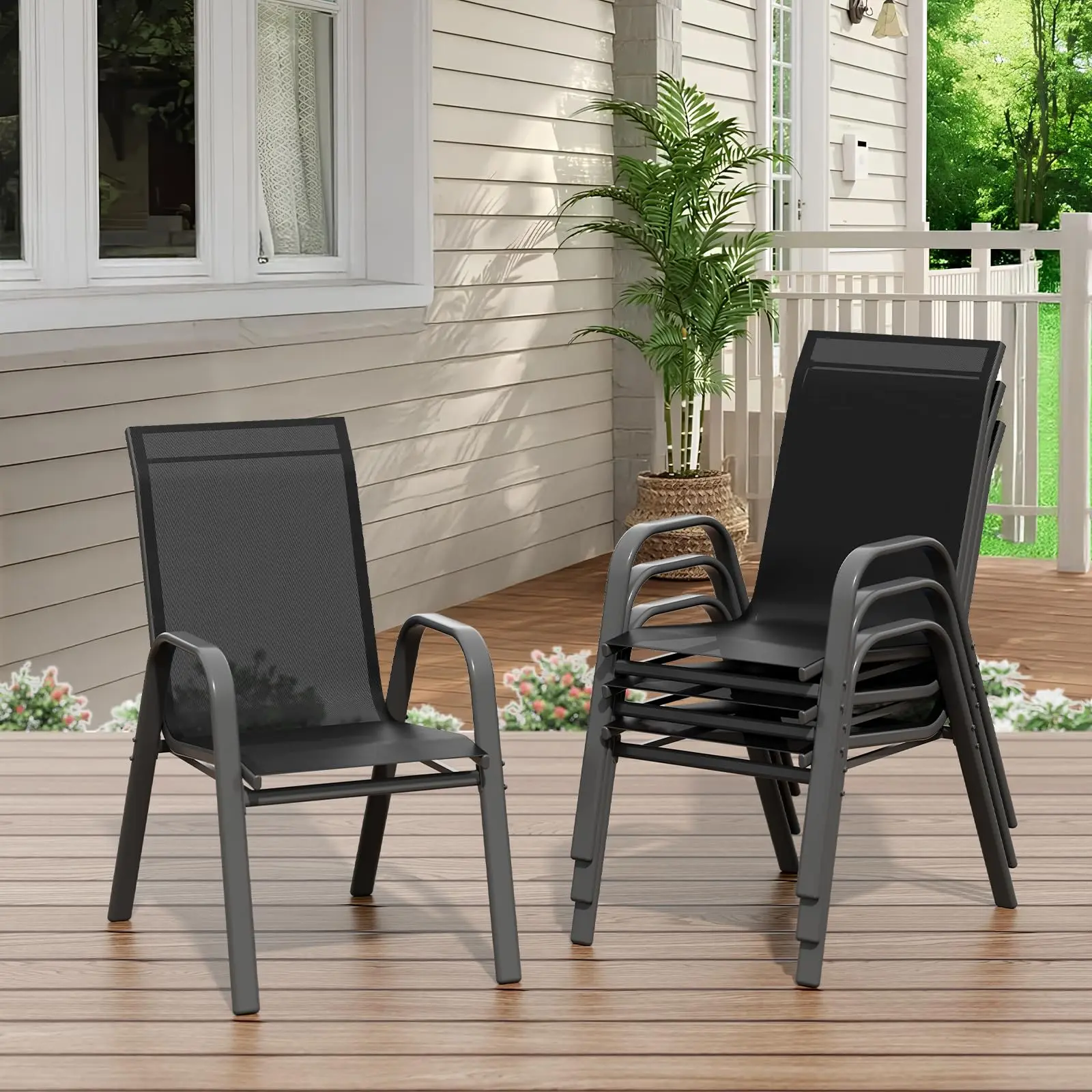 Garvee Stackable High-Back Patio Dining Chairs - Breathable Textilene Carrier Strap, Rustproof Metal Frame, All-Weather Outdoor Seating for Deck Garden Poolside Balcony - Grey, Set Options