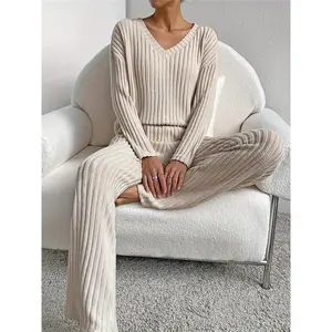 Vibrant Polyester Knit Pants Set - V-Neck Long Sleeve Top, Pocket Straight Leg Pants, Elegant Outfit for Spring/Fall - Machine Washable, Mid Elasticity, No Printing, Solid Color,fall outfits 2026