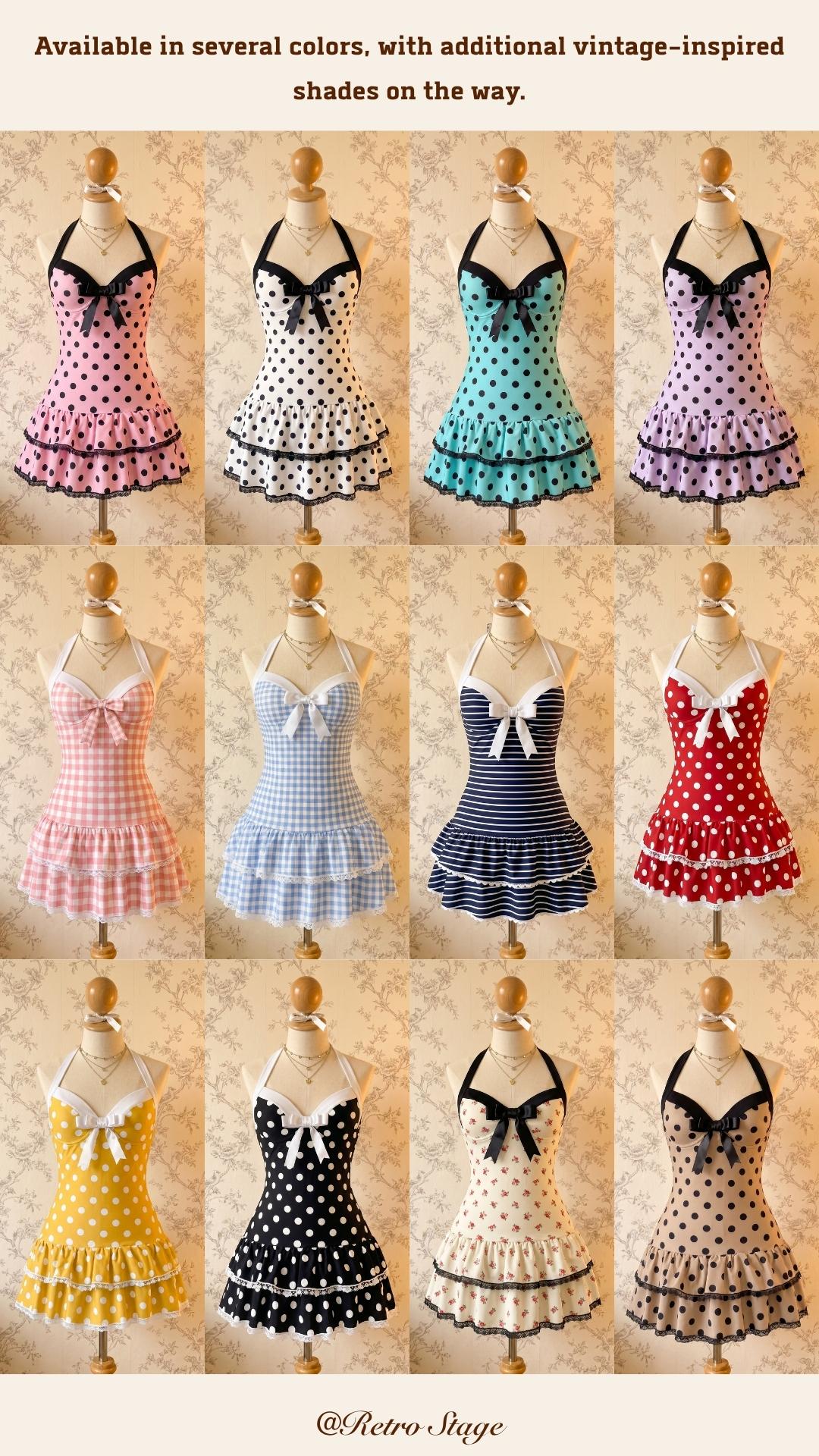 RETRO STAGE Women's 1940s Vintage Pink Gingham Halter 1-Piece Swimsuit, Polka Dots, Dainty Bow, Ruffled Hem, Backless, Comfortable Fit, Bathing Suit, One Piece Swimsuit,summervibes