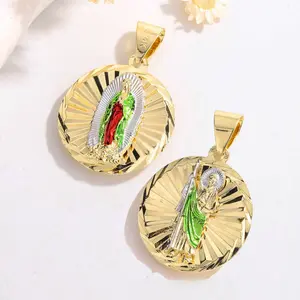 14K gold-plated Saint Jude medal pendant, religious Catholic jewelry, featuring green enamel details and a sunburst design. Suitable for both men and women, offering divine protection