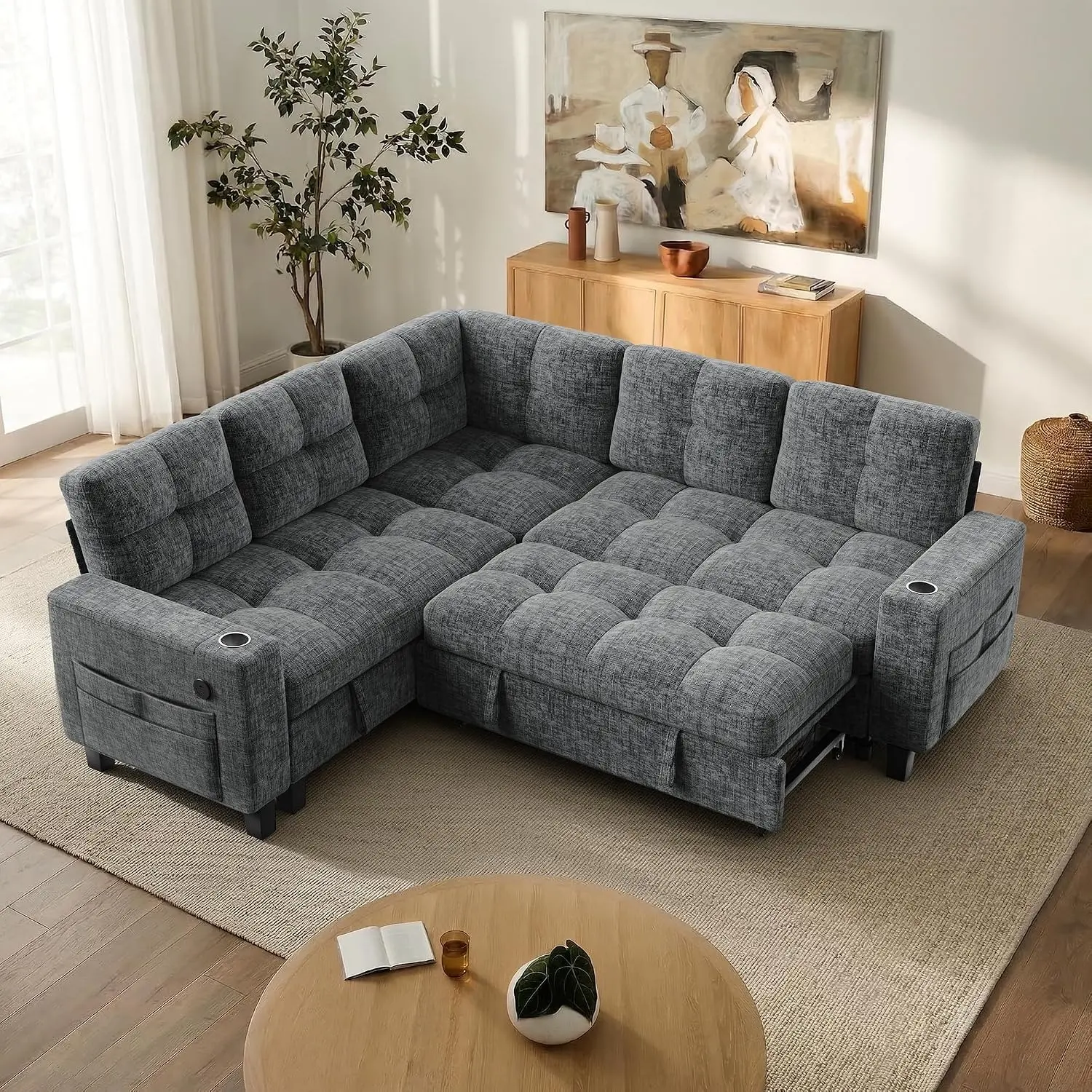AMADA HOMEFURNISHING Light Gray Chenille 85in Modern U-Shape 5-Seater Modular Sleeper Sofa, Sectional Couch with Pull-Out Bed, Hidden Storage, USB Ports and Cup Holders for Living Room
