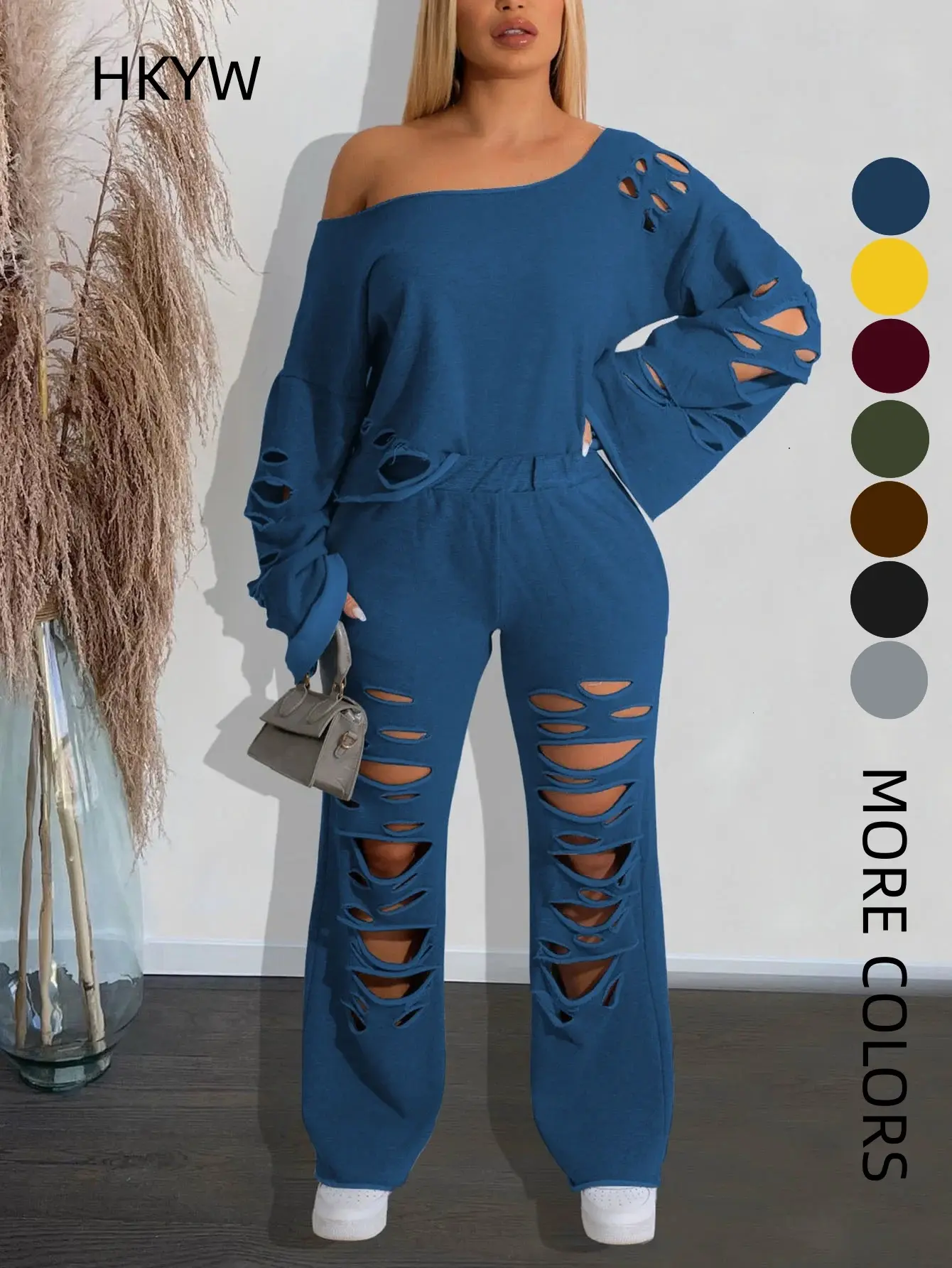 Women Off Shoulder Hollow Cut Out Long Sleeve Top & Ripped Hole Flare Pants 2 Piece Matching Set Gothic Streetwear Casual Black Tracksuit Outfit chic lounge tall girl friendly