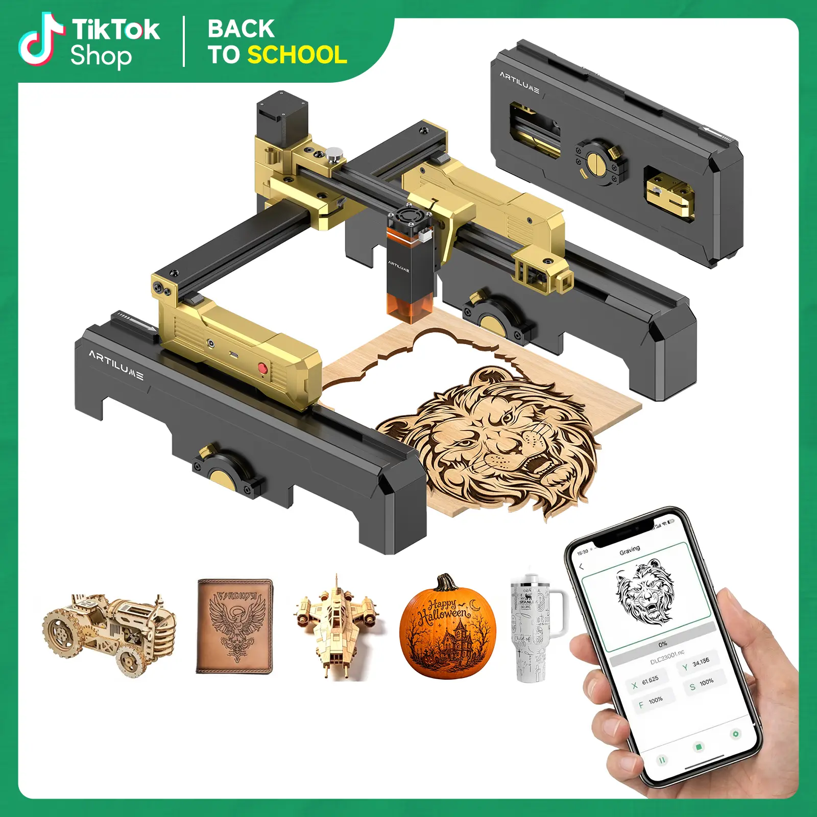 ARTILUME T1 Portable Laser Engraving Machine with APP Control, Foldable Design, No Assembly Required, 0.01mm Precision, 10000mm/min Speed, Engraves Wood, Leather, Acrylic & Metal, Custom Design Tool for Creative Projects