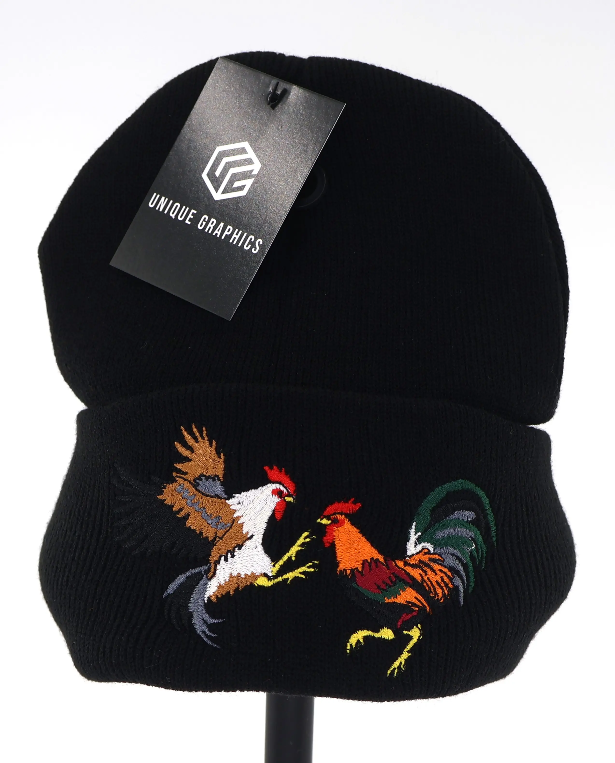 Embroidered Roosters Fighting Black Beanie