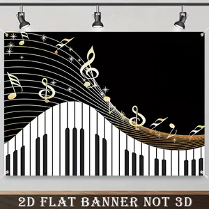 2D Flat Banner,1pc Party Banner, Piano Theme Backdrop Golden Musical Notes and Piano Keyboard Background for Birthday Party Art Studio, Perfect for Holiday Parties, Home Decor & Studio Props Holiday Decorations Polyester banner decoration