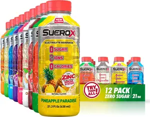 SueroX Zero Sugar Electrolyte Drink Supreme 12 Pack: Wondermelon, Pineapple, Orange, Blueberry, Grape, Strawberry, Coconut, Lemon, Berry. Beverage Sugar-Free Hydration, Energy & Recovery with 8 Ions & Electrolytes. Sports Drink,  21.3 Fl Oz.