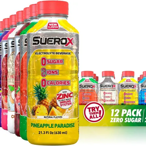 SueroX Zero Sugar Electrolyte Drink Supreme 12 Pack: Wondermelon, Pineapple, Orange, Blueberry, Grape, Strawberry, Coconut, Lemon, Berry. Beverage Sugar-Free Hydration, Energy & Recovery with 8 Ions & Electrolytes. Sports Drink,  21.3 Fl Oz.