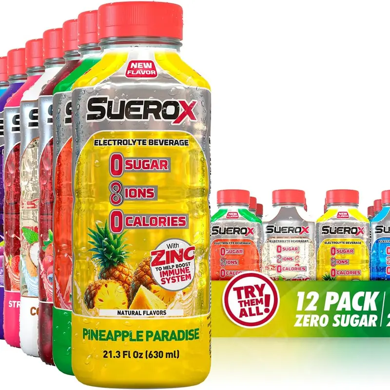 SueroX Zero Sugar Electrolyte Drink Supreme 12 Pack: Wondermelon, Pineapple, Orange, Blueberry, Grape, Strawberry, Coconut, Lemon, Berry. Beverage Sugar-Free Hydration, Energy & Recovery with 8 Ions & Electrolytes. Sports Drink, 21.3 Fl Oz.