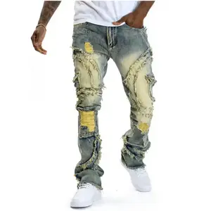 2025 New Men Ripped Stacked Jeans Distressed Slim Fit Skinny Straight Leg Casual Streetwear Black Baggy Jeans with Shirt baggy jeans men Slim Straight Men's Jeans