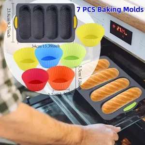 7 PCS Baking Molds Non-stick French Bread Mold Set, Silicone Tray with Muffin Cups, Pots for Kitchen  Accessories,  Utensils, Perfect for Making Family Breakfasts, French  Baguettes Pan Bake summervibes