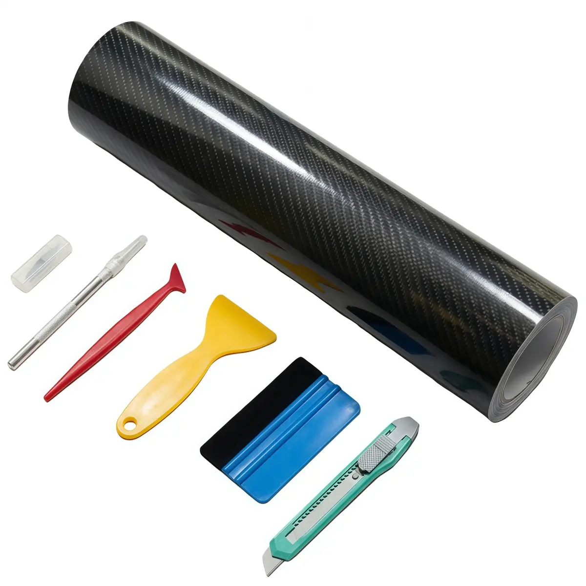 FONESO 7D Super Glossy Black Carbon Fiber Vinyl Wrap with Cutter & Hand Tool Set, Anti-Wrinkle Air Release Self-Adhesive Auto Accessories, 60"x12" (1FTx5FT) Car Detailing Products for Cars, Motorcycle, Vinyl Wrap Decoration