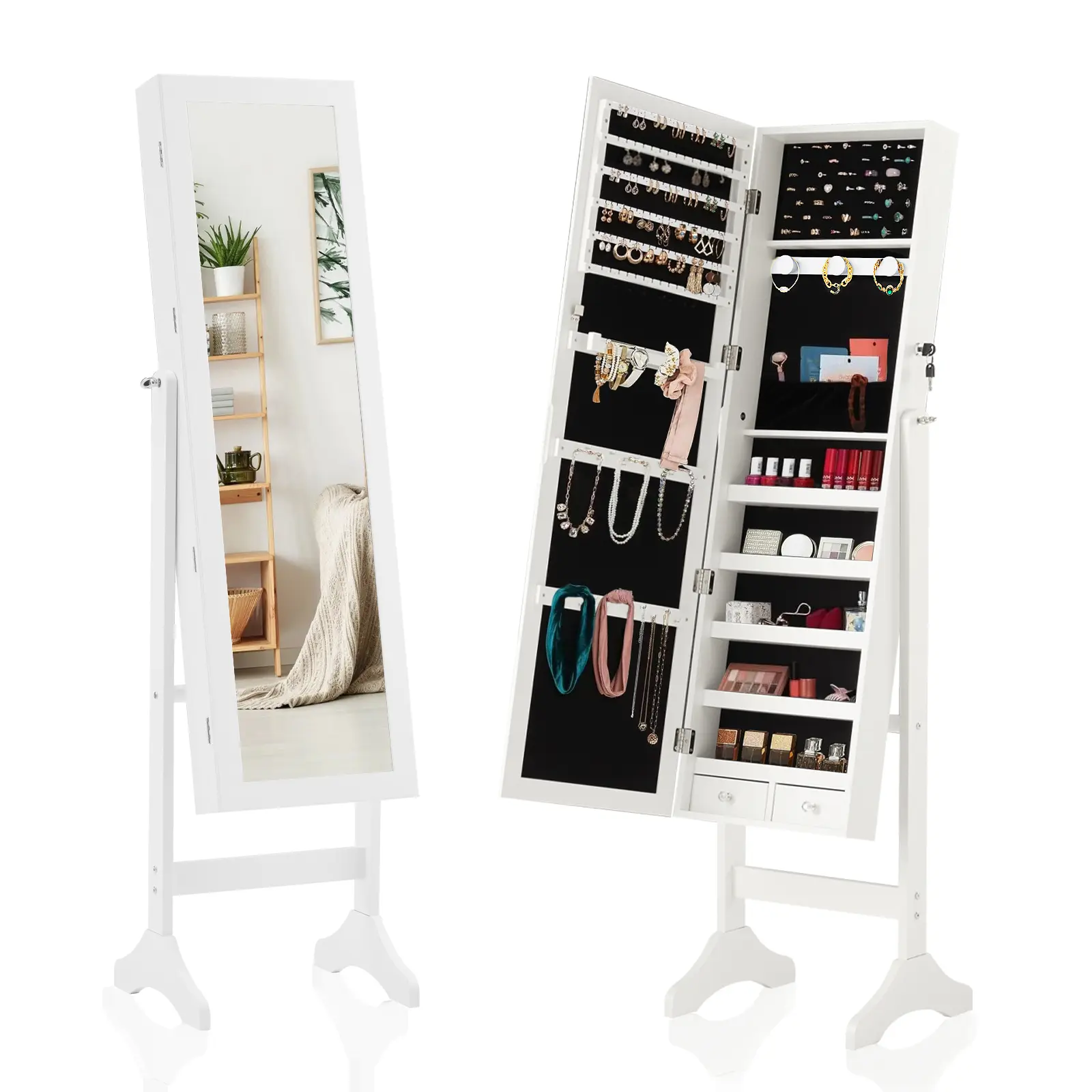 Sweetcrispy Classic Freestanding Rectangle Jewelry Armoire Cabinet - 47.3-in Lockable Organizer with Full-Body Mirror, Large-Capacity Makeup Storage, Velvet Lining, 3 Angles, Home Decor, Protects Jewelry, Bathroom, Jewelry Organization