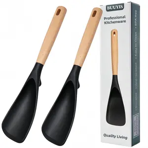 BUUYIS Cooking Spoon—the ideal choice for cooking and serving. Crafted from durable, BPA-free matte silicone and featuring an extended 13.2-inch wooden handle, it combines the functions of stirring, scooping, and scraping in a single tool.