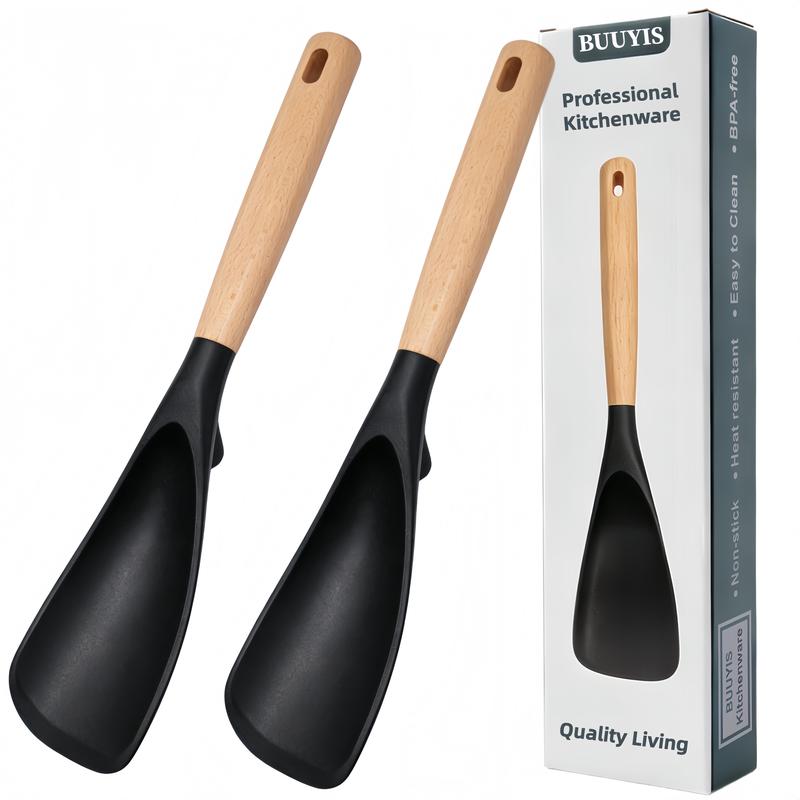 Food-Grade Silicone Long-Handled Flat Spatula & Turner - 13.2-in 1-Pcs Durable BPA-Free Matte Kitchen Utensil, Wooden Handle, Heat Resistant, Integrated Rest, Anti-Adhesive, Less Hand Fatigue, Long Reach Control, Cooking Accessories