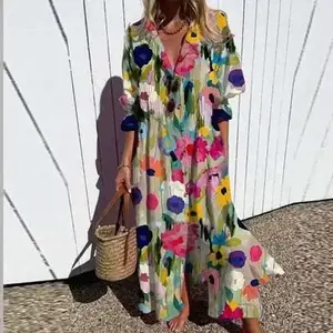 Orangeskid Summer Puff Short Sleeve A-Line Boho Dress Women Retro Geometry Circle Print Long Dress Spring Single Breasted Lapel Shirt Dress Casual Womenswear