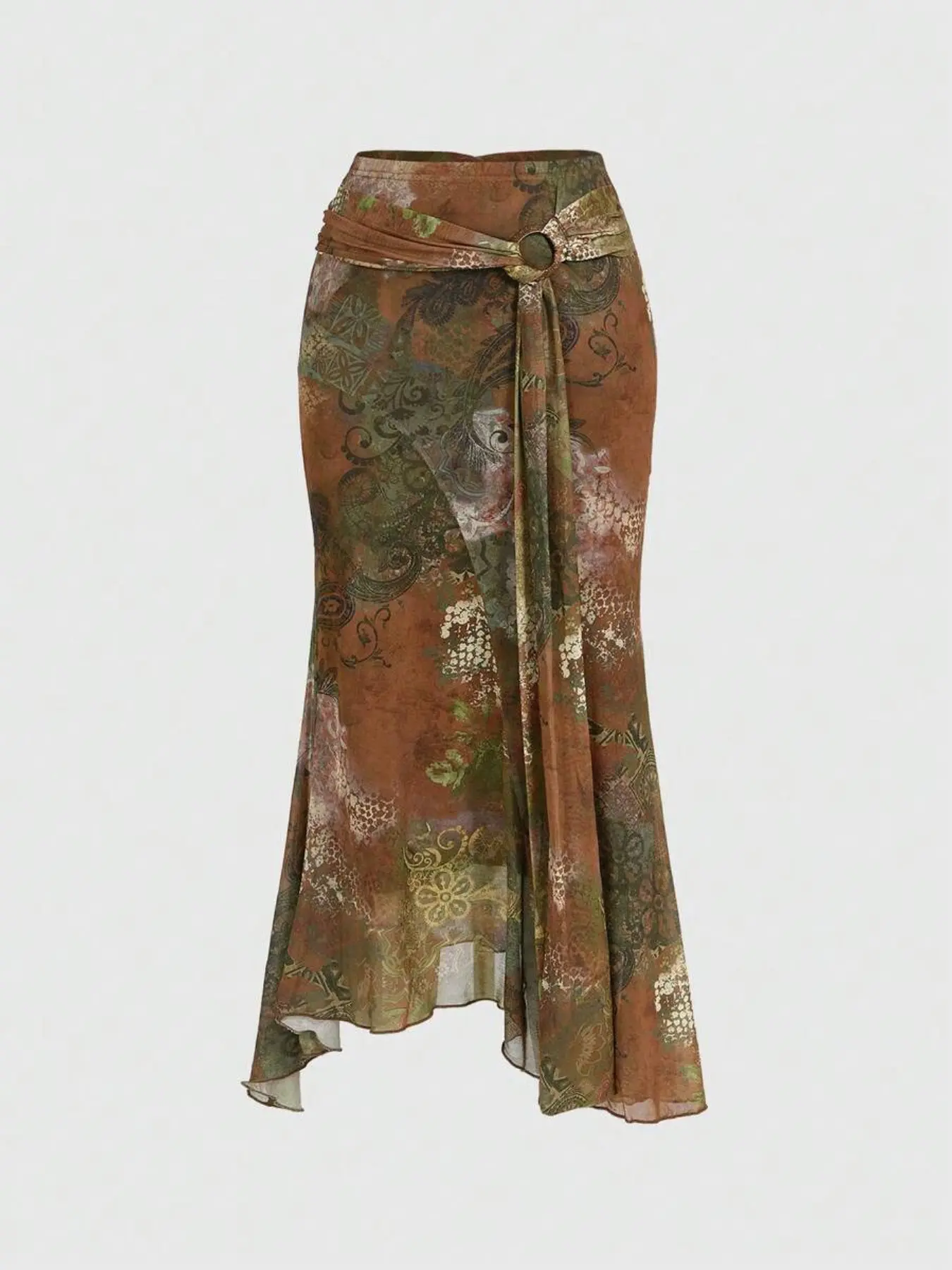 Women's Boho Bohemian Vintage Asymmetrical Paisley Print A-Line Fit Skirt, Elastic High-Waisted Fishtail Hem, Fall Style Fashion Bottoms, Wedding & Vacation Wear