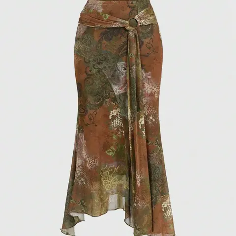 Women's Boho Vintage Asymmetrical Paisley Print A-Line Fit Skirt, Chic Boho Style, Elastic High-Waisted Fishtail Hem, Fall Style Fashion Bottoms, Wedding & Vacation Wear