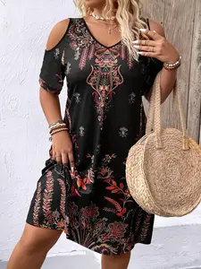 Plus Size Women's Summer off Shoulder Geometric Print Casual Straight Dress, Loose Fit Holiday Fashion, Comfortable and Stylish