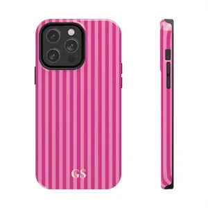 Personalized Pink Phone Case Custom Monogram iPhone Case Aesthetic Pink Striped Phone Case Summer Coastal Phone Case Preppy Phonecase Beachyiphone 17 16 15 14 13 12 11cases luminous technology Vintage Wireless Charging Festive Bow Anti-drop retro luxury