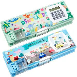 2 count Multifunctional Pencil Box for Girls Plastic Cute Pencil Case with Calculator and Sharpener Pen Pouch Gifts(, Dinosaur)