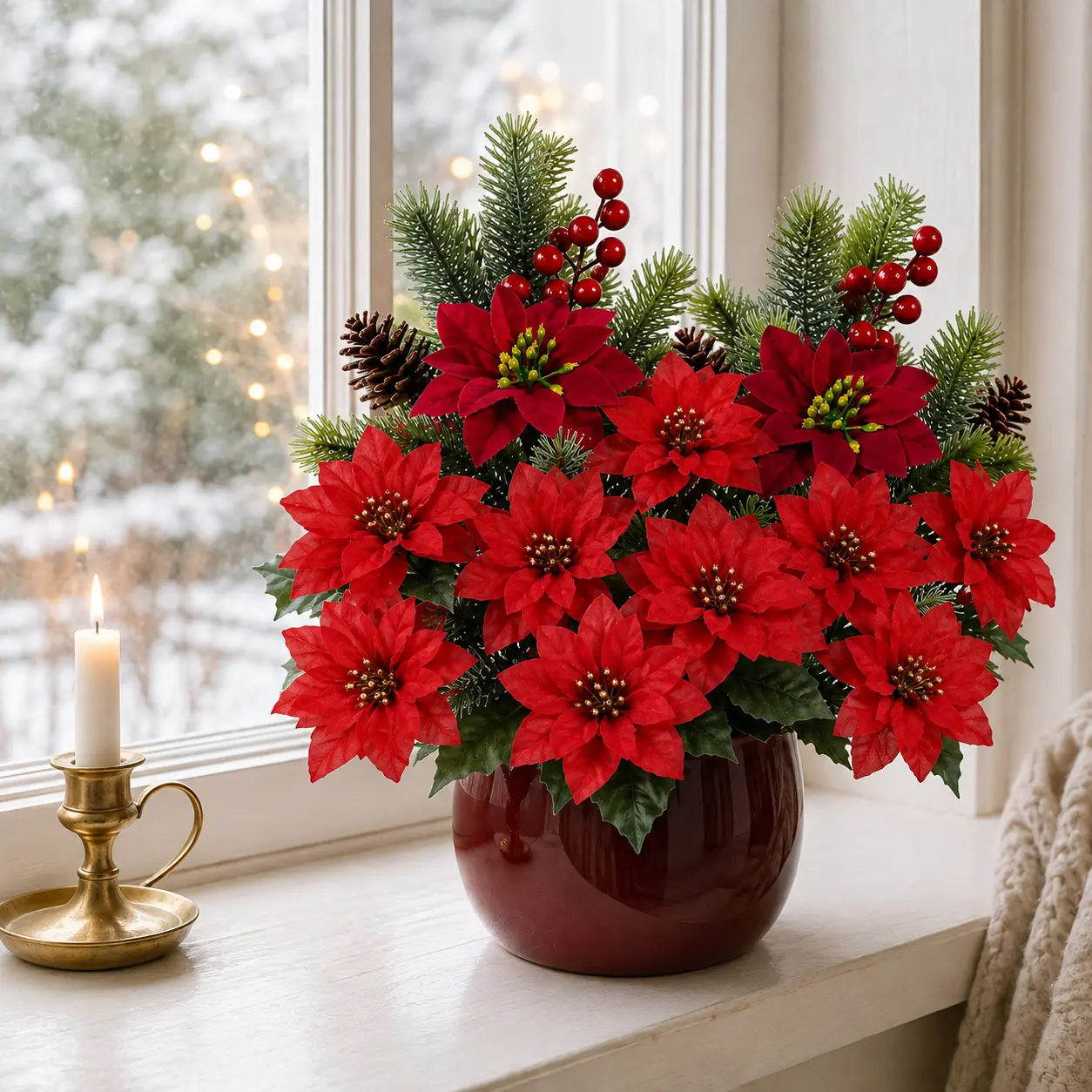 4 Pcs Artificial Christmas Poinsettia Flower Bushes and Pine Berry Picks Set, 2 Styles 2 Pcs Each, Red Faux Floral Stems with Pine Cones for Christmas Tree Wreath Vase Table Holiday Home Decor, No Planter Included
