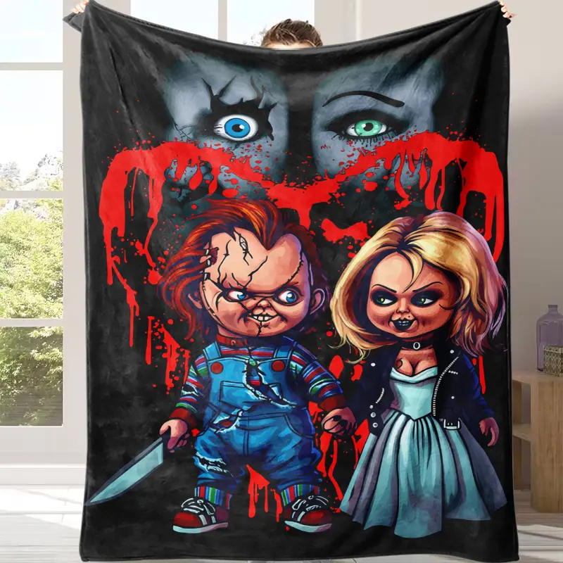 Chucky & Tiffany Blood Heart Horror Fleece Throw Blanket - Bloody Creepy Doll Art Design, Warm Indoor Home Decor for Sofa Bed, Gift for Horror Movie Fans Teen Men Women