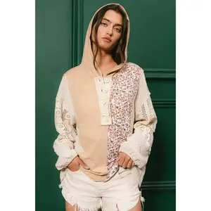 Slub Jersey with Lace Combo Buttoned Hoodie Top