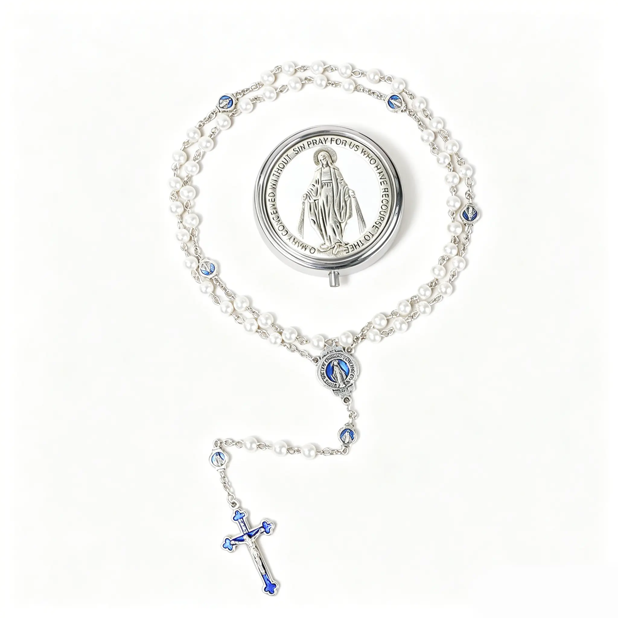 Catholic Pearl Cross Rosary Necklace — 6mm Glass Beads & 8 Mm Our Father Beads w/Caps, 6mm Glass Pearl Beads with 8mm Our Father Beads with Caps Rosary Pack in Miraculous Metal Gift Box