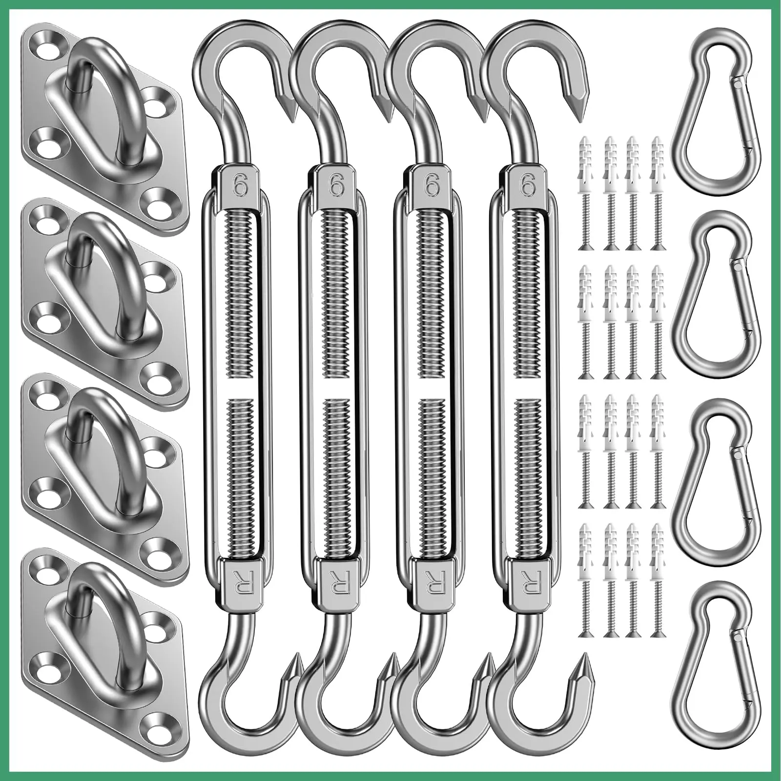 44-Piece Sunshade Hardware Set POMEADE: 6-inch stainless steel sunshade hardware set, suitable for installing triangular and rectangular sunshade canopies. Includes 44 pieces of sunshade hardware, ideal for outdoor patios, gardens, and backyards.