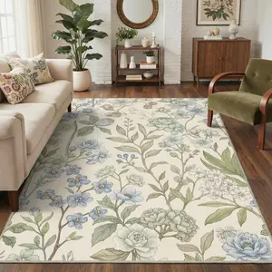 【Deals For You Days】GENIMO Area Rugs for Living Room Machine Washable, Non Slip Low Pile Modern Floral Rugs, Vintage Carpet for Bedroom Dining Room Office, Off-White Floral - Multi