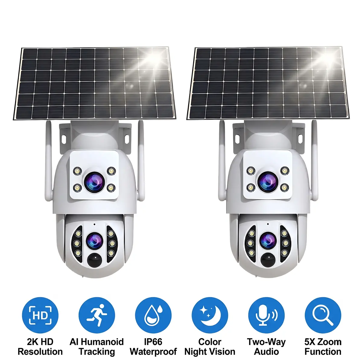 Wireless Solar Wi-Fi Security Camera, Dual Lens 2K HD, PIR Motion Detection, IP66 Waterproof, Color Night Vision, Auto Tracking, Smart Alarm, 2-Way Audio, SD/Cloud Storage (Optional)