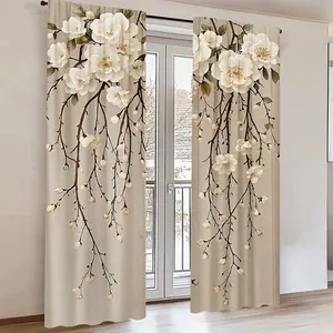 2-piece exquisite blooming terraced patterned curtain - elegant floral design, white flowers and green leaves pattern, semi-transparent polyester fabric, suitable for bedrooms, living rooms or home decoration, living room curtains
