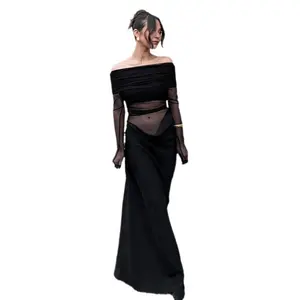 Solid Color One-shoulder Sexy See-through Mesh Splicing Slim Hip Wrap Dress