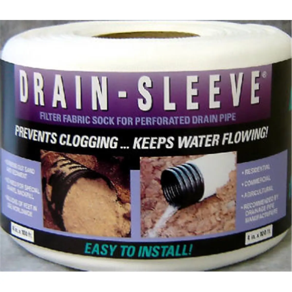 Advanced Drainage Drain Sleeve Filter Sock, 4 in x 100 ft Filter Fabric Roll for 4-Inch Corrugated Pipe, Prevents Clogging in Residential Outdoor Drainage Systems, Roll Pack, Maintains Water Flow