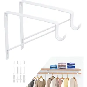 2 Pack Heavy Duty Closet Rod & Shelf Bracket, White Holders for 1-3/8" Dia Rod, 10.8" x 10.8" Support Bracket