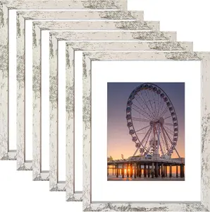 BESCRCL 11X14 Picture Frame Distressed White Set of 6, Display Pictures 8X10 with Mat or 11X14 without Mat, Photo Frames for Wall Mounting