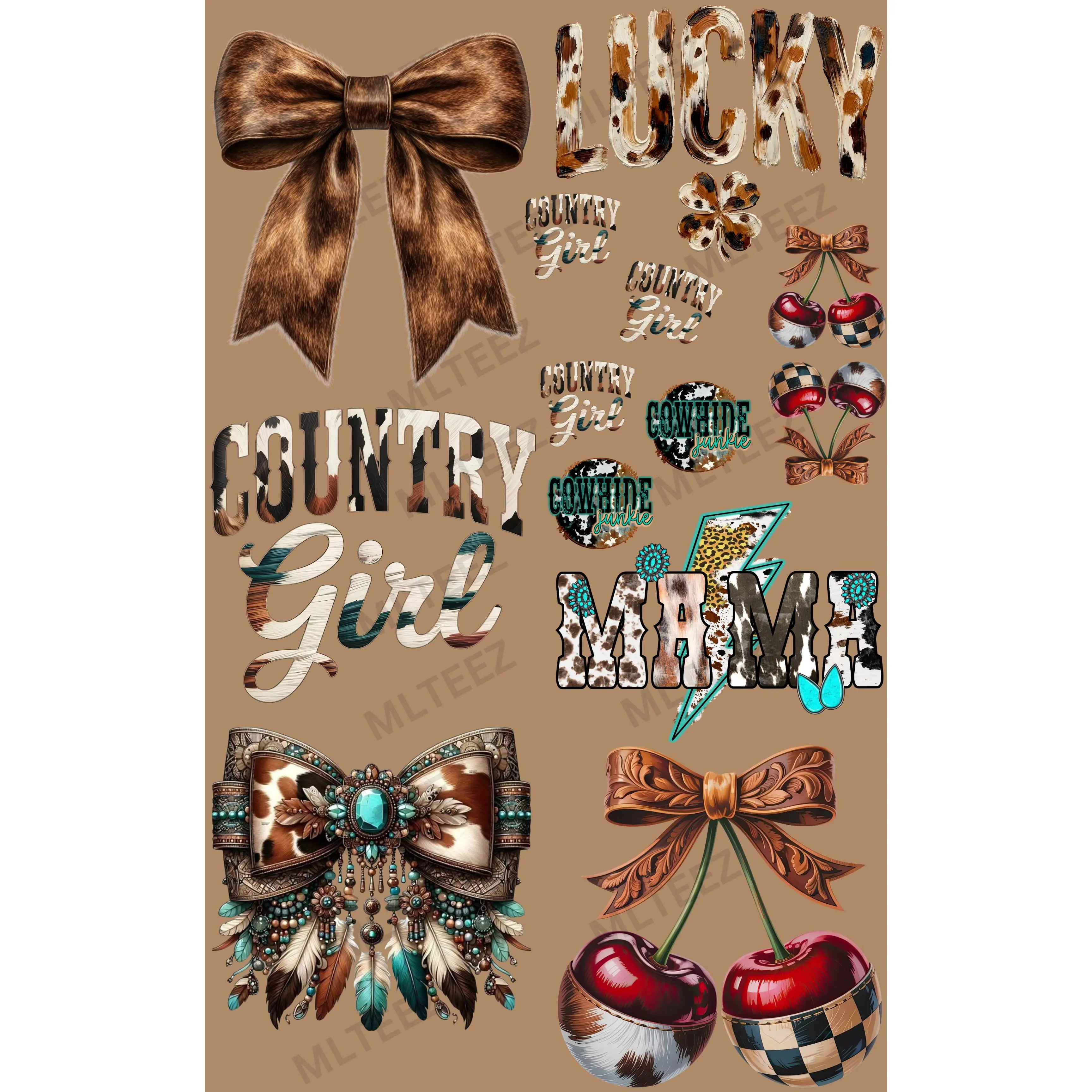 LUCKY COWHIDE (1) PREMADE GANGSHEET - 22X36 DTF TRANSFERS - DIRECT TO FILM
