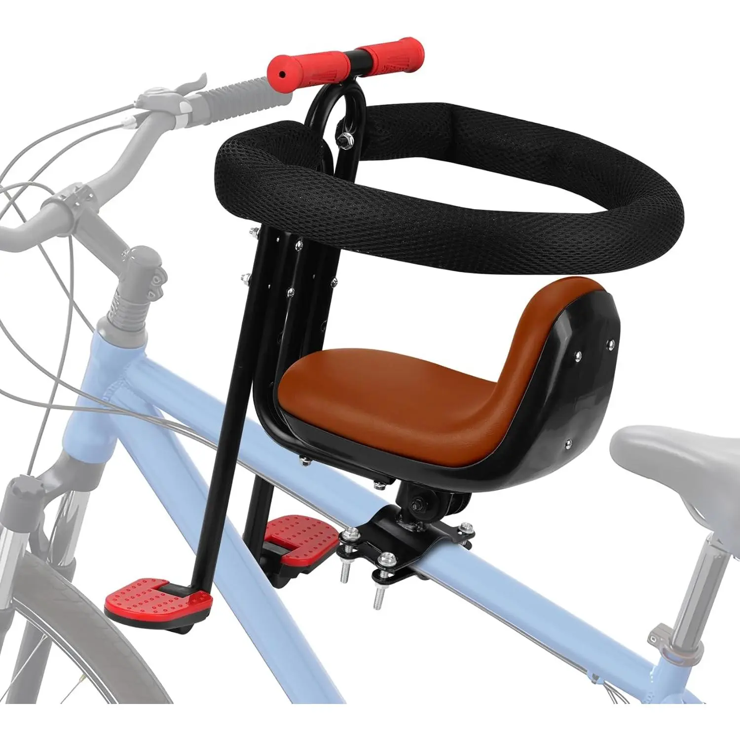 Steel Front Bicycle Seat for Children 2-4 Years, Max 55lbs - with Padded Backrest, Safety Fence, Armrest & Footrest for Flat Crossbar Bikes, Bicycle Parts, 3.75 Lbs, Stainless Steel, Accessories