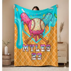 Custom Baseball Drip Name And Number Soft Flannel Blanket, Personalized Ice Cream Drip Baseball Blanket, Custom Kid’s Blankets with Name Number, Personalized Sports Gift for Sofa Couch Bed Office