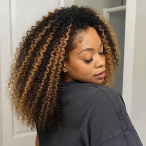 Hot Star Half Wig Human Hair Highlight Ombre 1B/30# Kinky Curly 3 IN 1 Half Wig No Glue No Lace For Women 180% Density 20 Inch