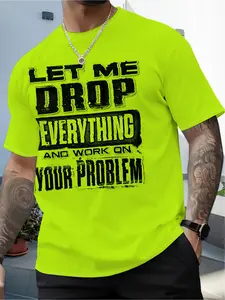 A men's neon green 3D printed casual T-shirt with eye-catching fonts - a comfortable polyester round-neck short-sleeved top, suitable for casual wear.