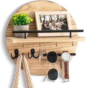 Wall Key Holder with Shelf and Hooks Decorative Mail Organizer Wall Mount Entryway Key Rack with Sunglasses Holder Rustic Boho Home Decor