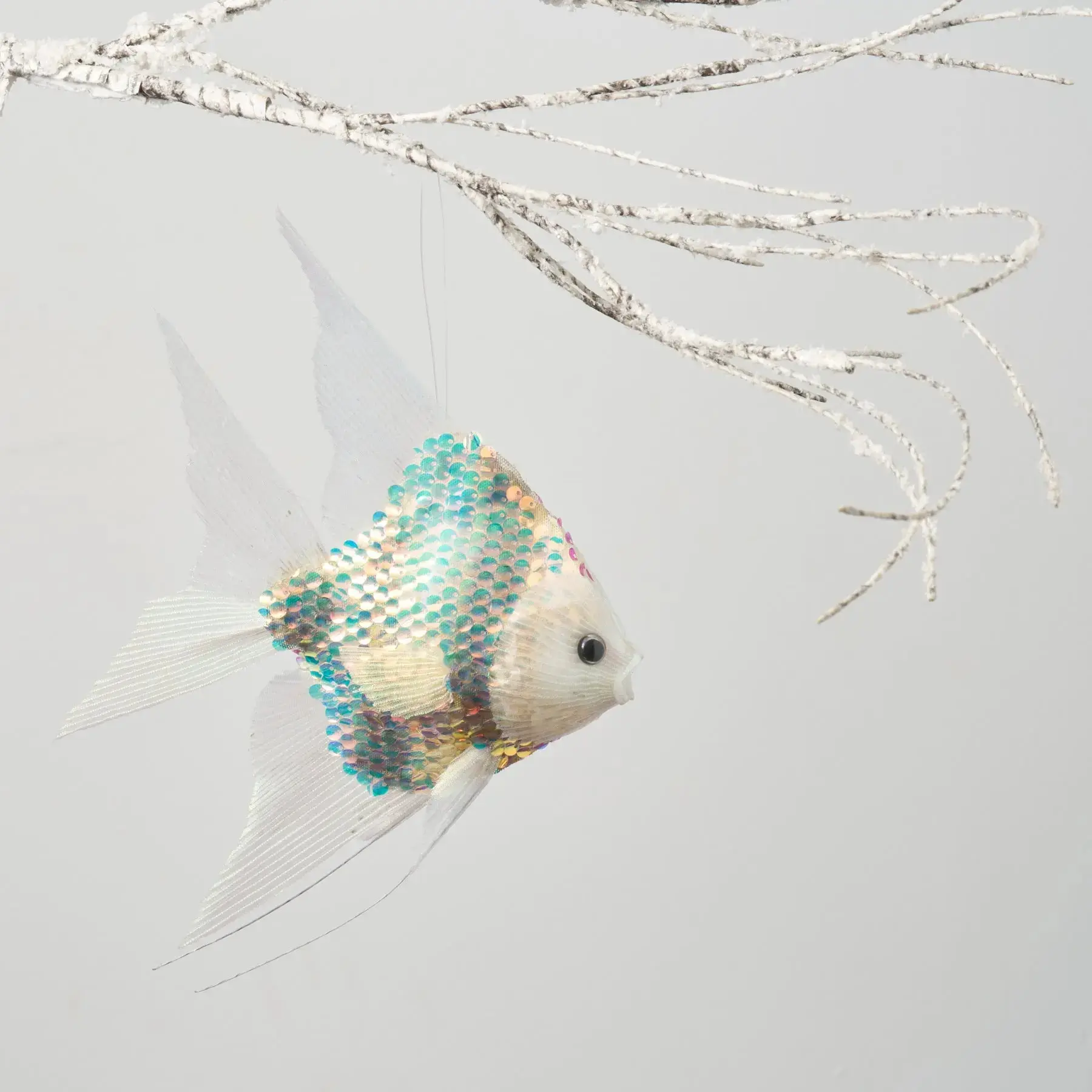 Large Multicolored Shiny Sequin Angel Fish Christmas Ornament - Home Decor, Festive Tree Decor, Holiday Collectible with Sparkling Aquatic Charm, String for Hanging, Unique Marine-Inspired Design, Tissue, Trees
