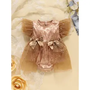 Baby Girl Champagne Gold Romper Bodysuit Summer Newborn Princess Dress Satin Embossed Flower Multi-Layer Star Sequins Bow Puff Sleeves