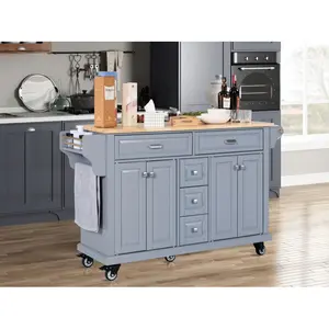 Kitchen Island with Rubber wood Countertop Kitchen Cart on 5 Wheels with Storage Cabinet and 5 Drawers for Dinning Room Grey